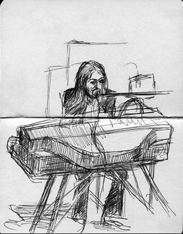 A pen drawing of Azita playing at the Viaduct