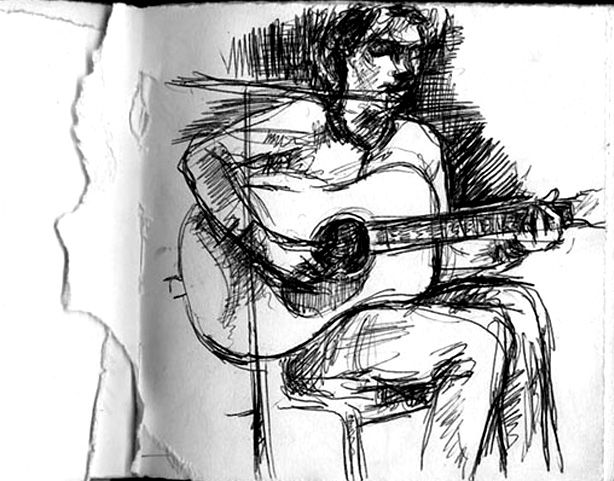 A pen drawing of Chris Brokaw playing at the Empty Bottle