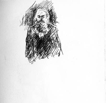 A pen drawing of Daniel Higgs playing at the Empty Bottle