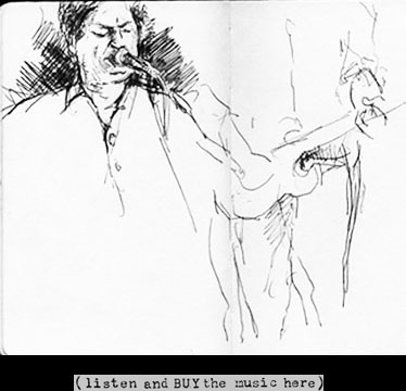 A pen drawing of Dexter Romweber playing at the Empty Bottle