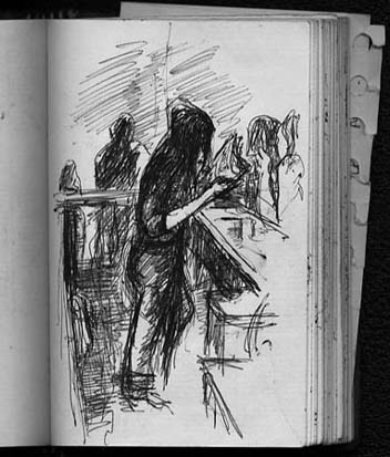 A pen drawing of Alison bartending at the Empty Bottle
