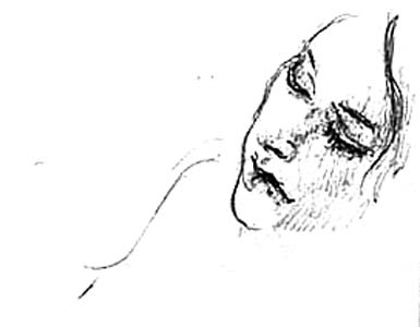 A pen drawing of a girl napping